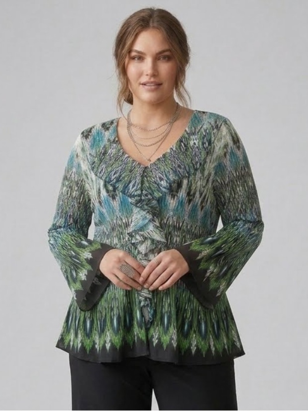 Dressbarn Farm Rio Ruffled V-Neck Blouse 3X Ikat Green/Blue Fairycore Bohemian